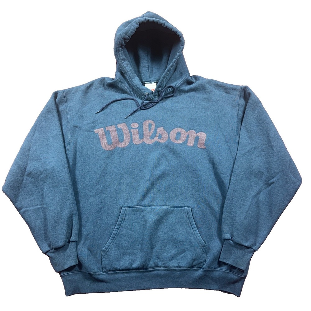 Vintage 90s Wilson Hoodie Mens XL Fleece Pullover Sweatshirt Made USA Navy‎ Blue